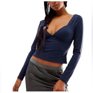 Free People Deep V Long Sleeve Fitted Top Night Out Chic Feminine Size Small